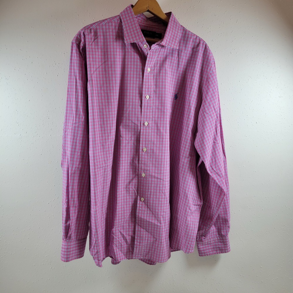 Polo Ralph Lauren Button Down Men XXL Pink Gingham Excellent Cotton Stretch LS